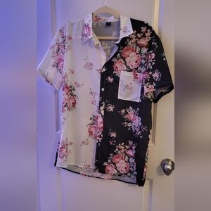 Two-Tone Floral Button-Up Shirt - Pink Roses on Black & White Size L